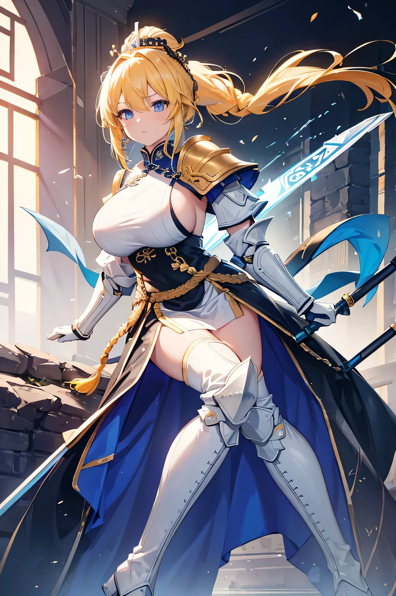 a beauty girl，cabellos largos dorados，blonde with blue eyes，(ssmile)，European medieval castles，palaces，Wear gorgeous armor，(Silver armor)，Armor，(holding a long spear)，huge spear，Shoulder pads，Armour，chest plate，Leg nails，(Royal Knights)，(huge tit)，(black lence stockings)，((Pubic bone))，(Defeat)，((Broken armor))，((Damaged clothes))，cleavage，((Petite body))，( type)，Raped by a woman