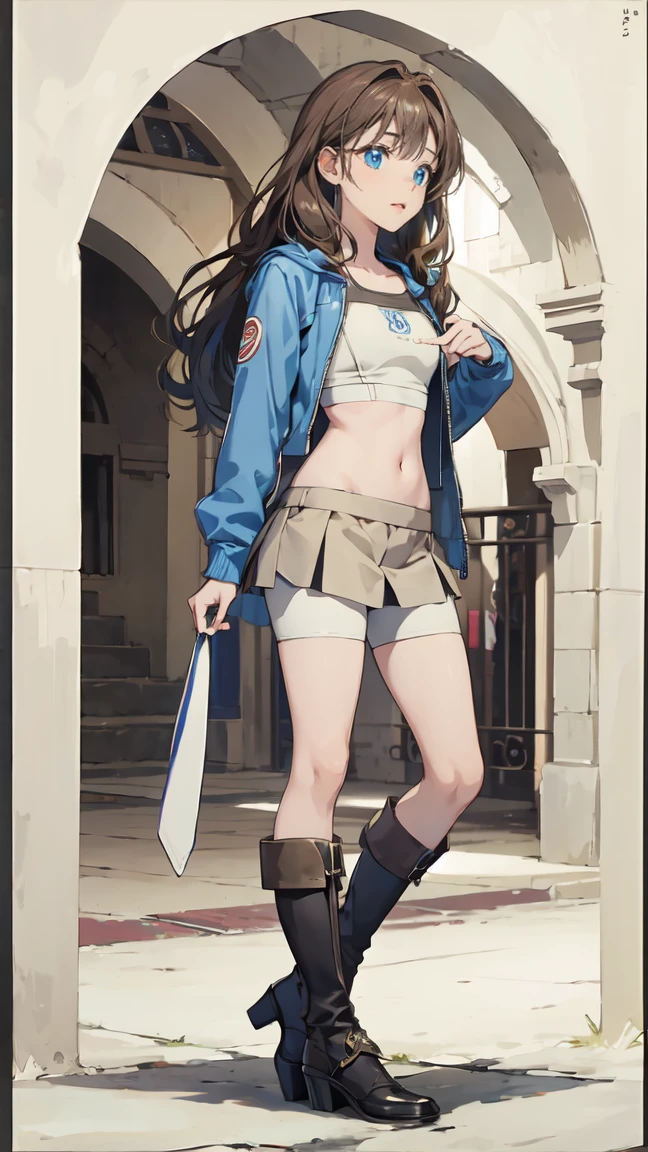 1masterpiece, perfectly detailed, high-resolution, 4k quality. Full body, 1girl, solo, mature woman, long brown hair, hime cut stile, blue eyes almond, medium breasts, collarbone, hip bones, adventurer, sports bra, bicycle shorts, miniskirt, bicycle shorts under miniskirt,  open mini jacket, puffed poet sleeves,  high heels boots, thigh_highs, caramel sword, caramel bow, anime style. 