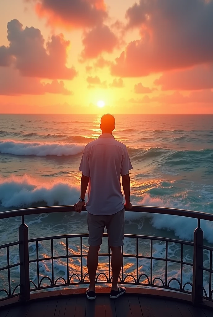 arafed man standing on a balcony looking out at the ocean, looking out at a sunset, looking at sunset, at a beautiful sunset, watching the sunset, during a sunset, looking off into the sunset, during sunset, with sunset, sunset view, during golden hour, looking into the horizon, with a sunset, at the sunset, silhouette over sunset