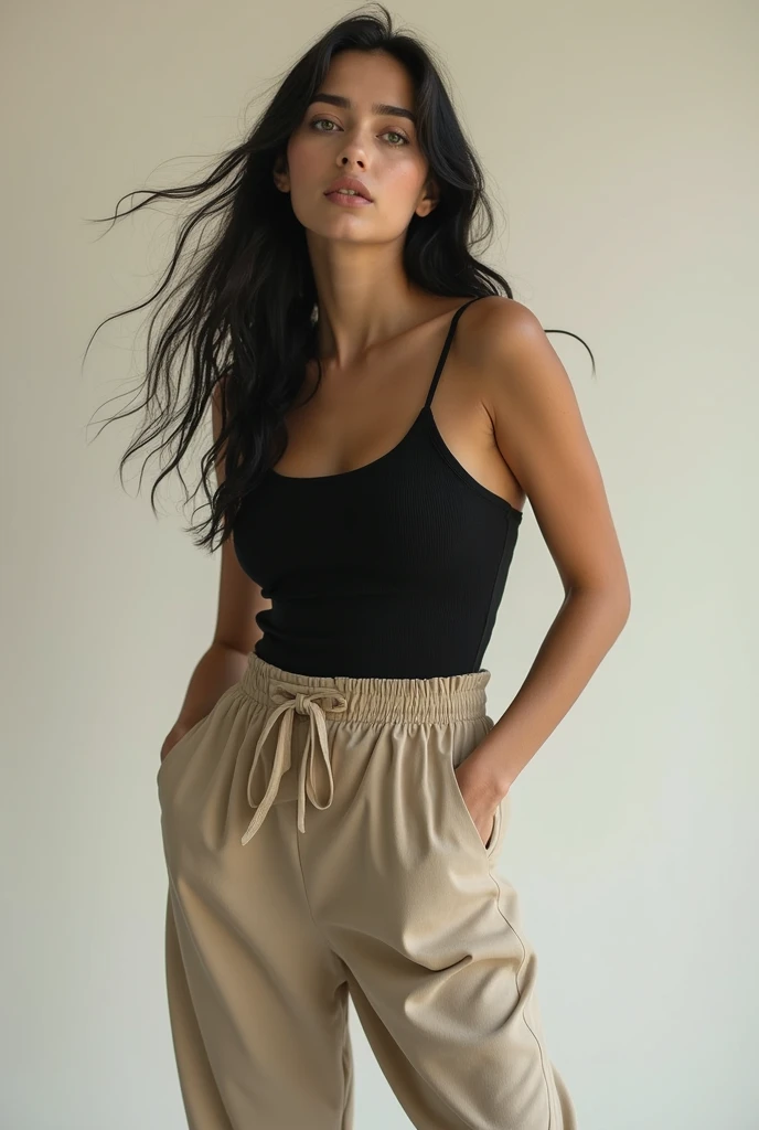 a woman in a preto top and tan skirt posing for a picture, wearing a preto cropped tank top, wearing a cropped preto tank top, preto top, she is wearing a preto tank top, preto tank top, tight preto tanktop, preto tanktop, preto, preto halter top, corte superior, tight preto tank top and shorts, wearing preto camisole outfit