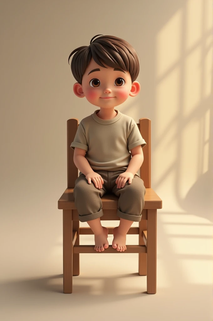 A small chubby boy is sitting on a wooden chair and watching TV