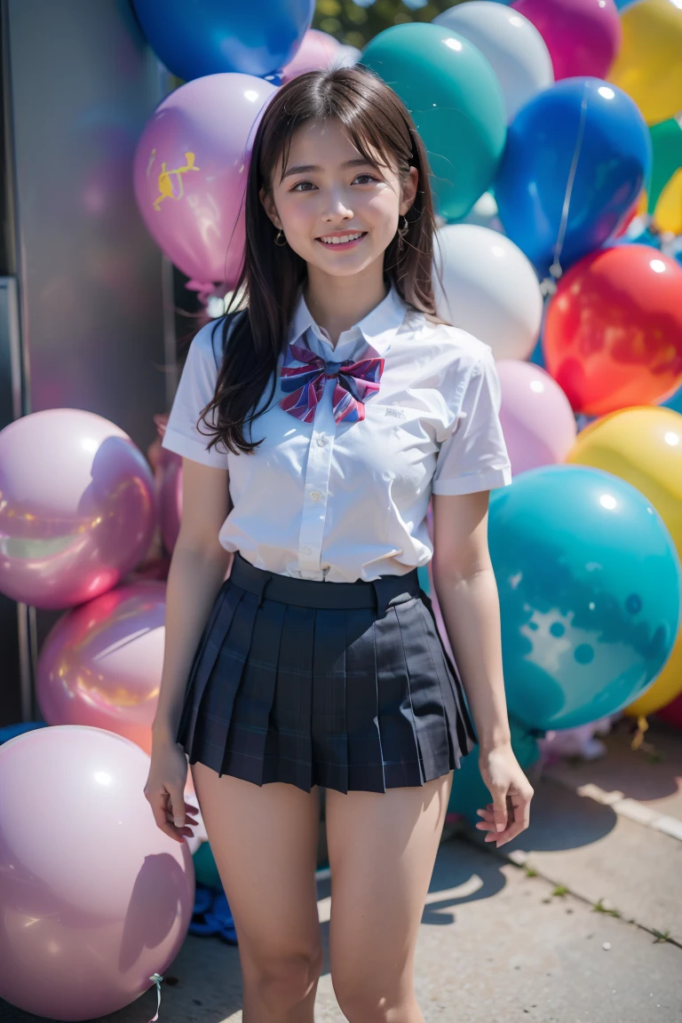 (detailed face), grin, 1girl, beautiful woman, young woman, 18yo, extremely beautiful detailed eyes, shiny lips, (white shirt, short sleeves, bowtie, plaid miniskirt, pleated skirt, bare legs, thighs, socks, loafers, school uniform:1.2), background High tone color, (background a lot colorful balloon:1.2) 


(best quality), 8K, (realistic), ultra high res, extreme detailed, masterpiece, cinematic lighting