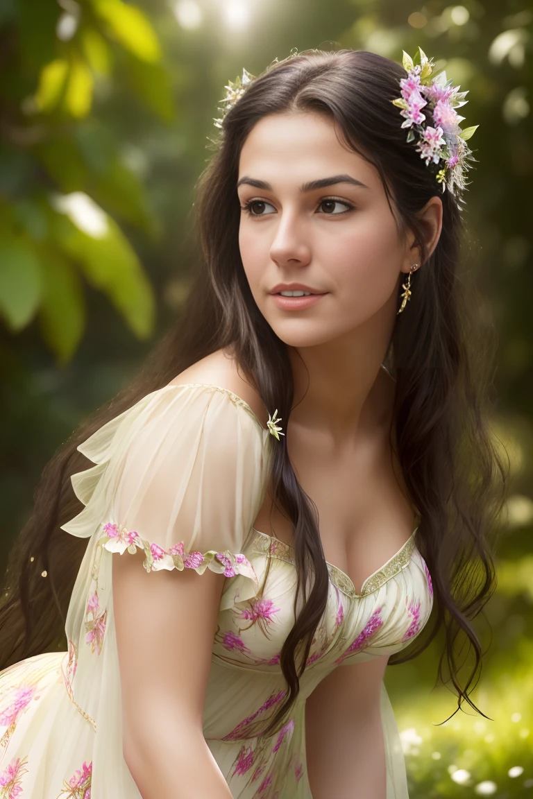 a beautiful young girl in a lush garden, long flowing hair, dreamy expression, (best quality,4k,8k,highres,masterpiece:1.2),ultra-detailed,(realistic,photorealistic,photo-realistic:1.37),HDR,studio lighting,extremely detailed eyes and face,longeyelashes,flowery dress,fairy tale,whimsical,vibrant colors,warm lighting