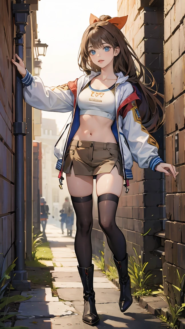 1masterpiece, perfectly detailed, high-resolution, 4k quality. Full body, 1girl, solo, mature woman, wife, perfectly woman, long brown hair, hime cut stile, blue eyes almond, medium breasts, collarbone, hip bones, adventurer, sports bra, bicycle shorts, miniskirt, bicycle shorts under miniskirt, open mini jacket, puffed poet sleeves, high heels boots, thigh_highs, caramel sword, caramel bow, anime style