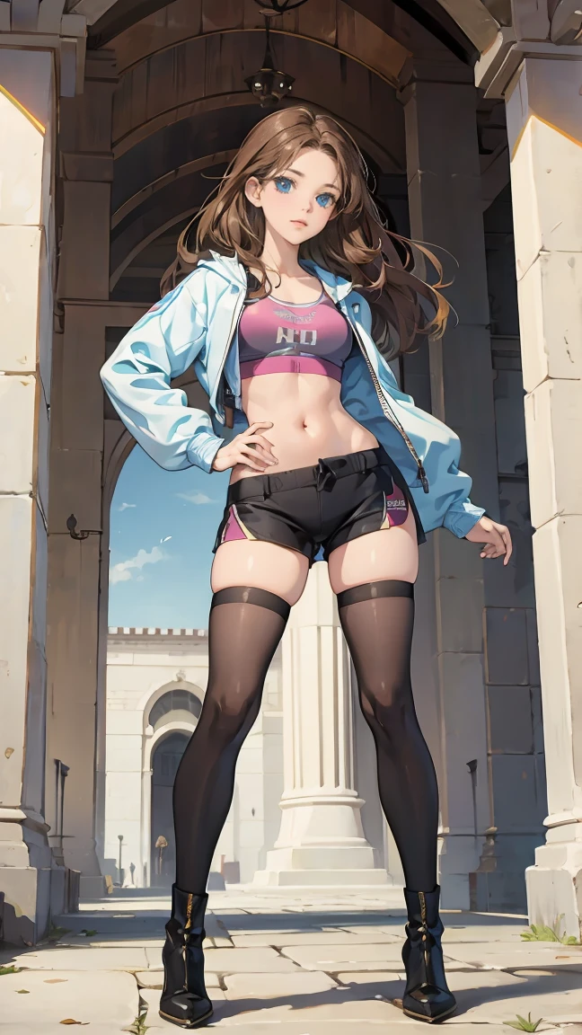 1masterpiece, perfectly detailed, high-resolution, 4k quality. Full body, 1girl, solo, mature woman, wife, perfectly woman, long brown hair, hime cut stile, blue eyes almond, medium breasts, collarbone, hip bones, adventurer, sports bra, bicycle shorts, miniskirt, bicycle shorts under miniskirt, open mini jacket, puffed poet sleeves, high heels boots, thigh_highs, caramel sword, caramel bow, anime style