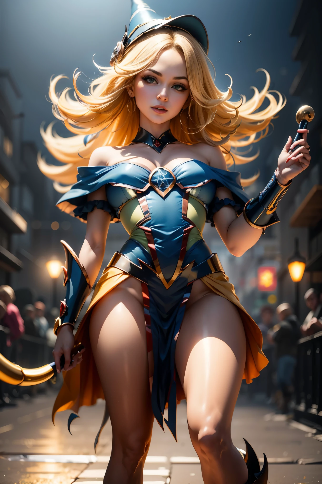 (8K,Photorealistic　Raw Photography　The highest quality;1.4) 　(1 girl in)　Super beauty AND CHARISMA　(realistic face)　Female body 　(Blonde with long curls)　Hold a black and red magic wand　combat scene　Magic hat with black and gold exterior.　Beautiful expression　dazzling　(Real looking skin)　(Dark mages)　tempting　super high resolution　A hyperrealist　High detail　full body photo　remains, DARK MAGICIAN GIRL YUGIOH ,BLONDE BLUE EYES ,voluptuous