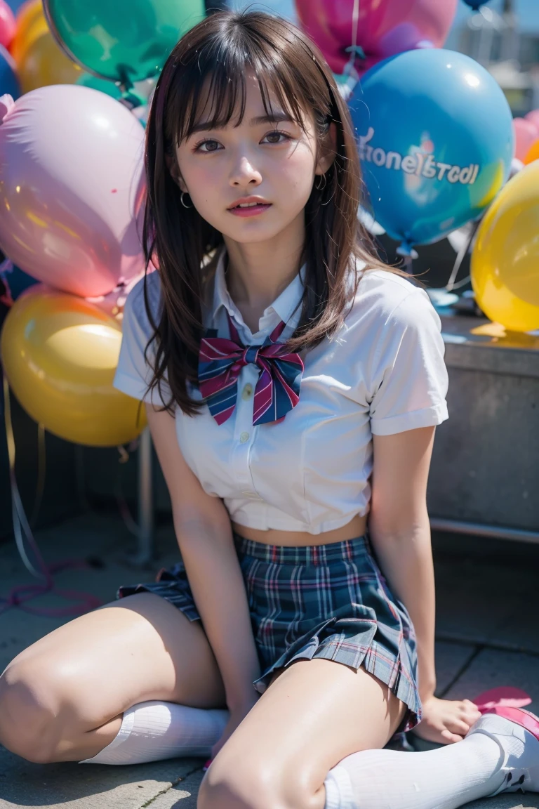 (detailed face), grin, 1girl, beautiful woman, young woman, 18yo, extremely beautiful detailed eyes, shiny lips, (white shirt, short sleeves, bowtie, plaid miniskirt, pleated skirt, bare legs, thighs, socks, loafers, school uniform:1.2), background High tone color, (background a lot colorful balloon:1.4) 


(best quality), 8K, (realistic), ultra high res, extreme detailed, masterpiece, cinematic lighting