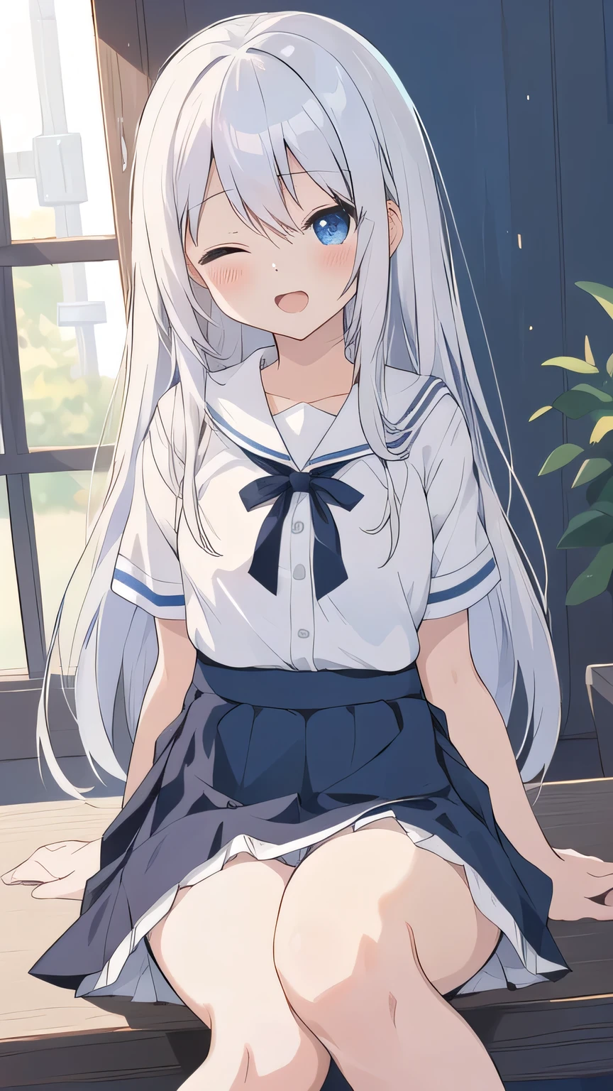 cute girl, アニメ, silver hair, straight hair, Blue eyes, (young:0.9), (small bust:0.5), (cute:1.3), (middle bust:0.8), (cute girl:1.2), cowboy shot, cute, side shot, (Smail:1.3), open mouth, backwards, (white school uniform:1.0), (dark blue skirt:1.6), (ローアングル:1.5), close eyes, (cross legs:1.2), (seduce:1.4) 