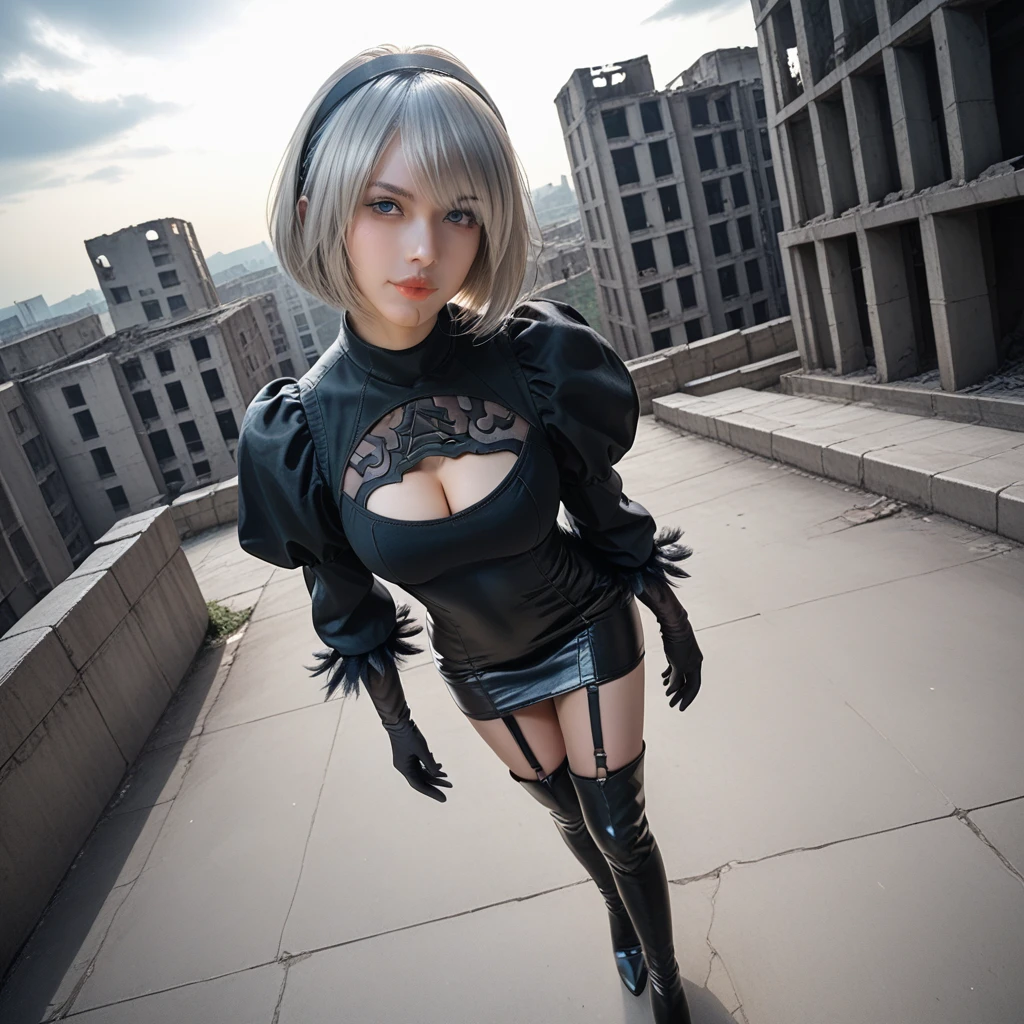 8K,Masterpiece,One woman,Are standing,Dutch beauty,Ella Freya（Ella Freya),topless,skirt lift,White panties,Panty Shot,smile,30 years old,Blue Eyes,White Hair,Short Bob Hair,(Gothic Lolita),Dutch beauty,Ella Freya（Ella Freya),(White panties),2b, short hair, Knee socks, gloves, Long sleeve, dress, Slender figure, Cleavage, Small breasts, Gray Hair, Black hair band, boots, Puffy sleeves, black Knee socks, Black footwear, Mole, black dress, High heels, Clothing cutouts, thight boots, Cleavage cutout, Black Hairband, Juliet Sleeve, high heel boots,Dynamic Angle