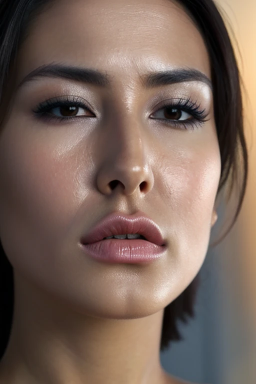 a close-up image of a sexy woman, 2, eyes closed, moaning,edgOrgasm,face focus,woman with edgOrgasm_face, mouth wide open, realistic skin, super defined and contoured lip contour, tanned Skin, beautiful face, no makeup, no eyeliner, no eyelashes, (eyelashes not be visible), (should not be visible), moaning mouth, voluminous lips, small eyes, super defined and detailed eyebrows, extremely symmetrical face, Hair tied back, extremely fine details, Ultra defined realism, ultra HD 8K resolution, extremely realistic and detailed skin, no visible shadows, defined eyebrows, substance painter render, (Hair cannot be in front of the face), 8k, best quality, masterpiece, realistic, ultra detail, photo realistic, hyper realistic, smoother lighting, increase cinematic lighting quality, realistic lighting, backlighting, brightening light, Increase quality, best quality real texture skin, close-up, slender, mystical background,furrowed brow, raised eyebrows, screaming, frown,Beautiful Japanese Actresses,Short Nose,