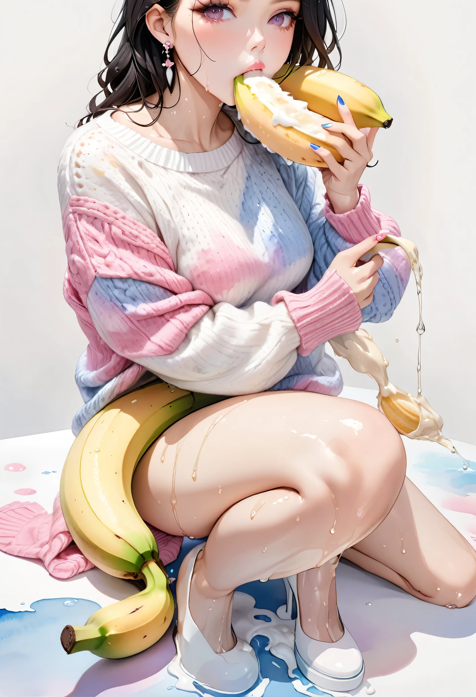 (masterpiece, Best Quality: 1.2),Barbie doll,，colloid， Sexy Eyes，Kissing Expressions，Wet pink and white sexy lips， colloid skin，Full Figure，Earrings（（Watercolor sweater））Eating a banana，Full Body Shot