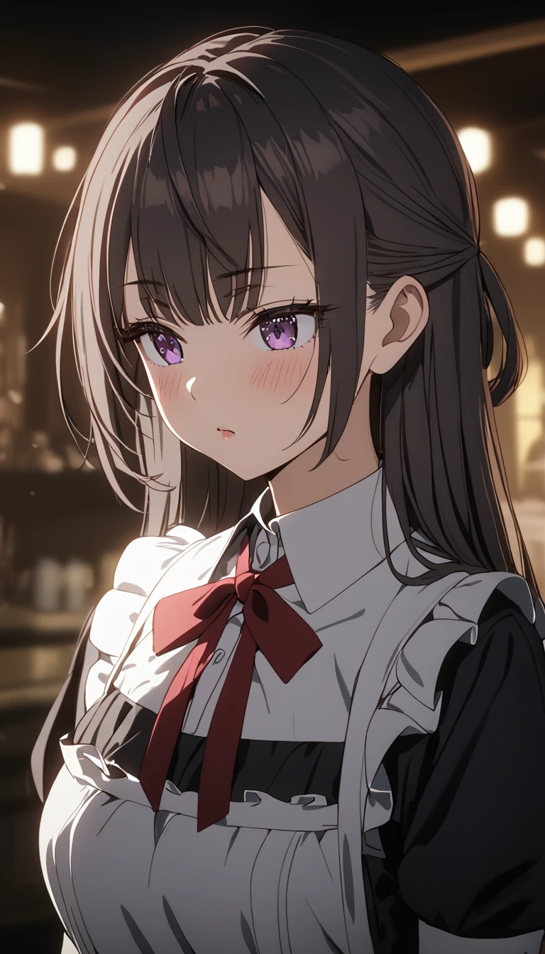 1girl, Yuki Houjou (sometimes blurring Arya in Roshia at night), solo, bangs, black hair, blur, background blur, cheeks, ribbon bow tie, purple eyes, brown hair, long hair, eyebrows visible through hair, modest breasts, (((red cheeks))), maid outfit, cinematic lighting, Dramatic colors , 8k, high quality, detailed masterpiece.