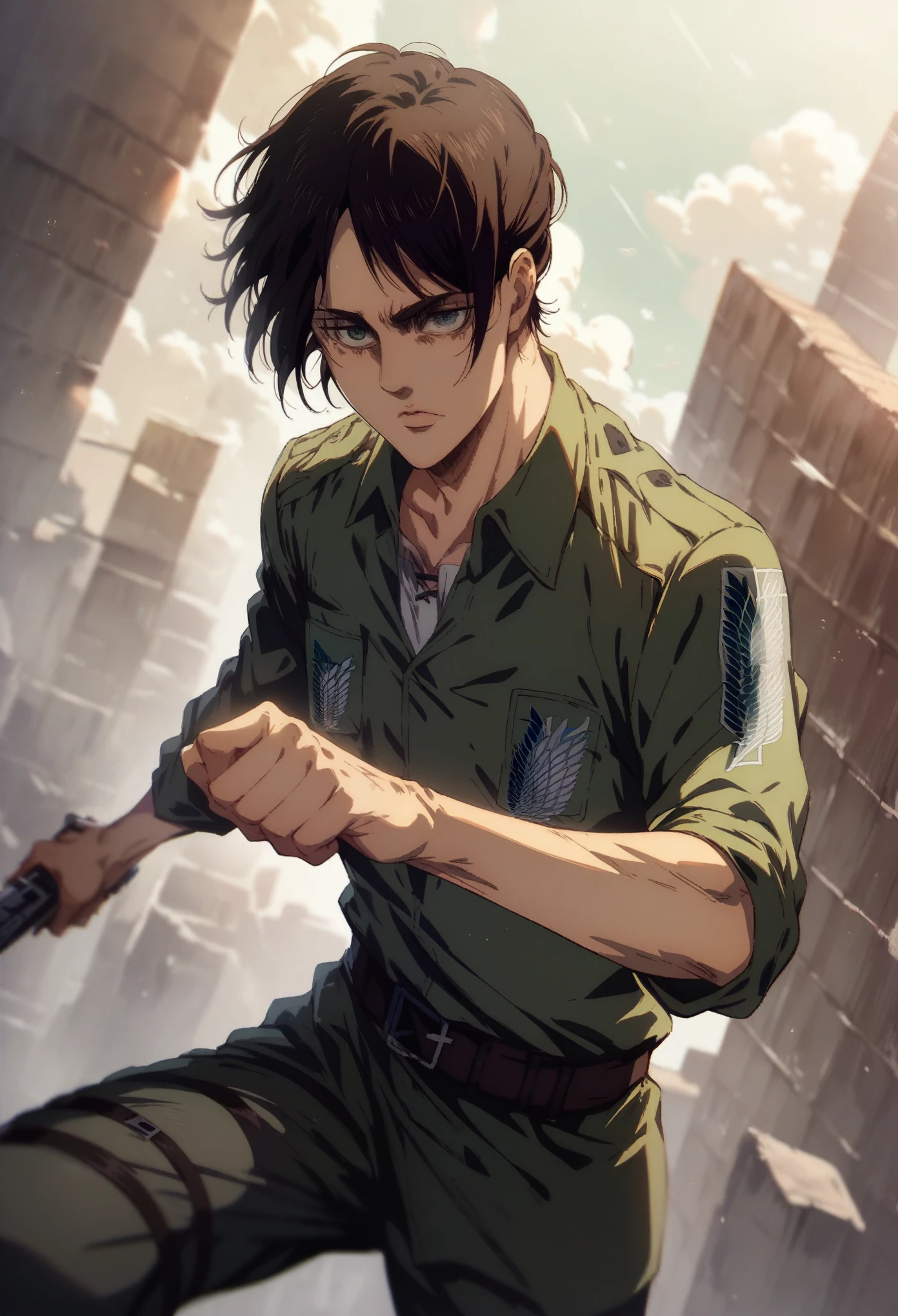 score_9, score_8_up, score_7_up,1 boy ,anime style,solo, eren yeager, sexy, badass, combat pose, shingeki no kyojin wall background, shingeki no kyojin unmilitary uniform, holding 2 shingeki no kyojin swods,shingeki no kyojin titans background