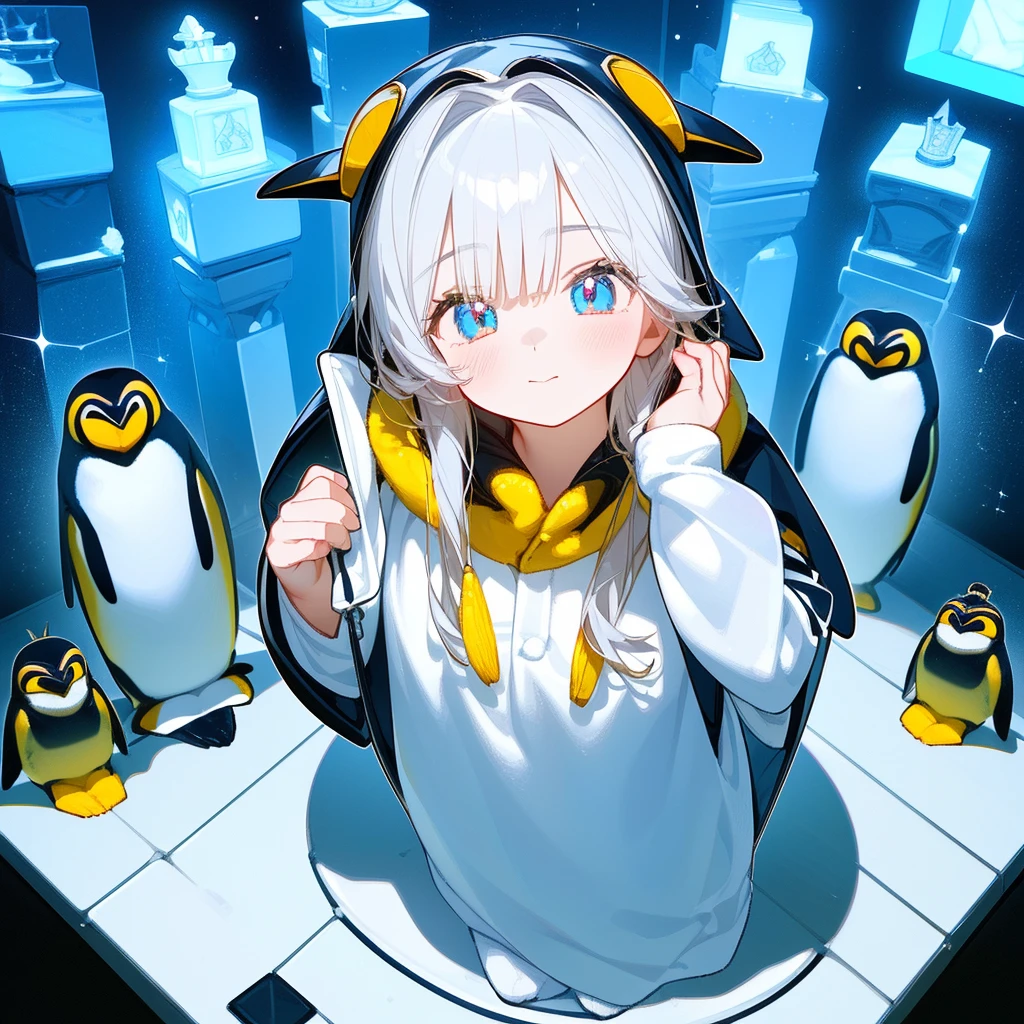 (Ultra HD, Ultra HD, 16K) 1 girl, marble bust (on a pedestal, chess piece, (wearing Kigurumi, an emperor penguin), cute mini-girl), Antarctic land, figure standing among a group of emperor penguins, illuminated by light from above, view from slightly above,