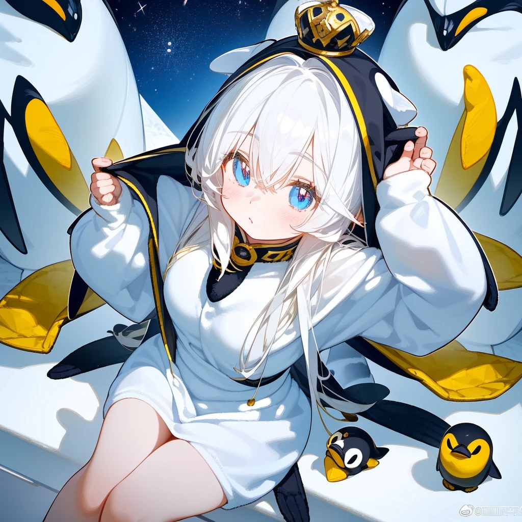 (Ultra HD, Ultra HD, 16K) 1 girl, marble bust (on a pedestal, chess piece, (wearing Kigurumi, an emperor penguin), cute mini-girl), Antarctic land, figure standing among a group of emperor penguins, illuminated by light from above, view from slightly above,