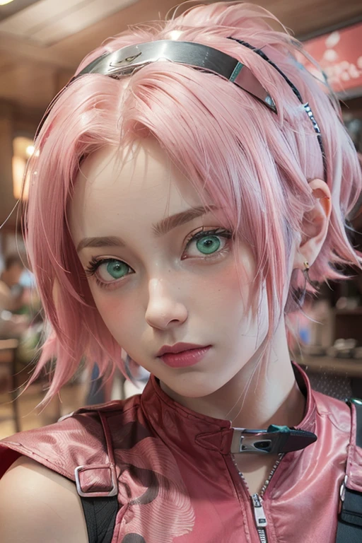 young woman, light skin, wide forehead, short bubblegum pink hair, jade green eyes, buttoned nose, thick peach lips, slender body, red vest, Sakura Haruno, 3d, realism, black gloves