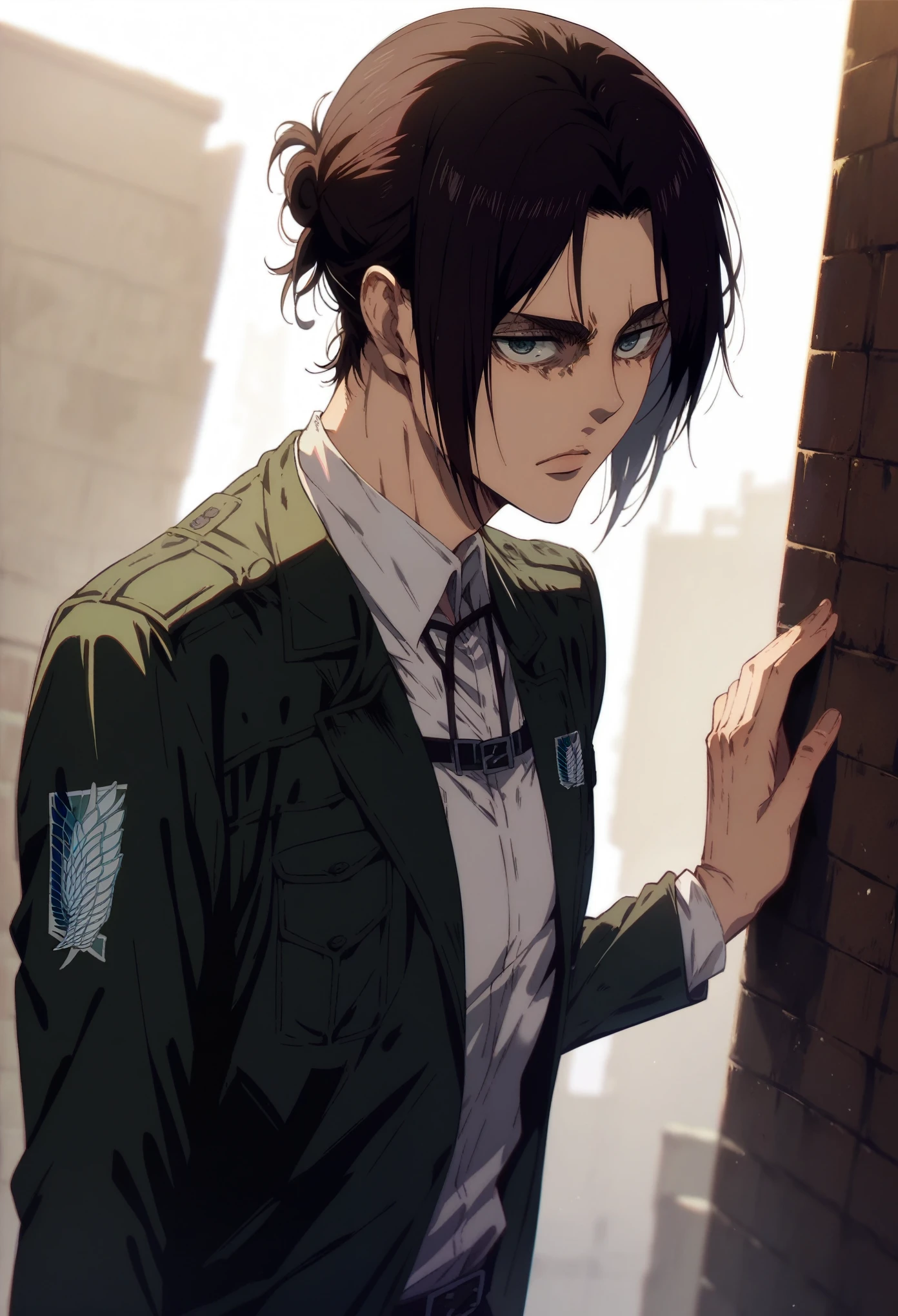 score_9, score_8_up, score_7_up,1 boy ,anime style,solo, eren yeager, sexy, badass, combat pose, shingeki no kyojin wall background, shingeki no kyojin unmilitary uniform, holding 2 shingeki no kyojin swods,shingeki no kyojin titans background