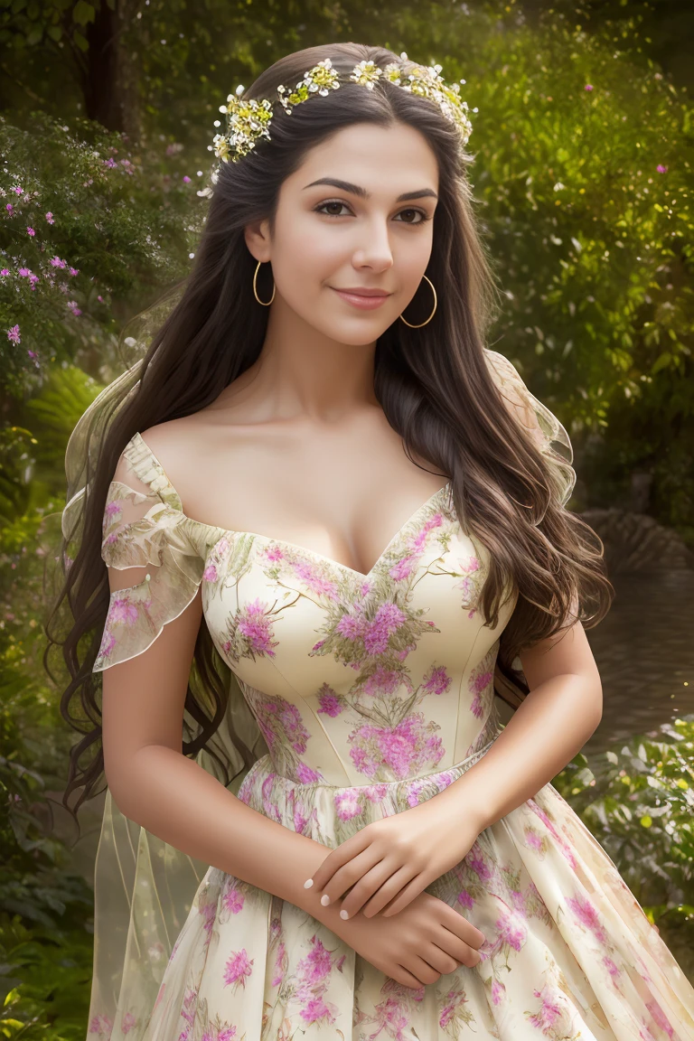 a beautiful girl in a lush garden, long flowing hair, dreamy expression, (best quality,4k,8k,highres,masterpiece:1.2),ultra-detailed,(realistic,photorealistic,photo-realistic),HDR,studio lighting,extremely detailed eyes and face,longeyelashes,flowery dress,fairy tale,whimsical,vibrant colors,warm lighting