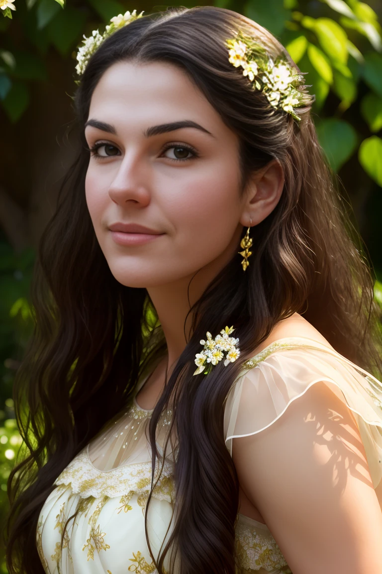 a beautiful girl in a lush garden, long flowing hair, dreamy expression, (best quality,4k,8k,highres,masterpiece:1.2),ultra-detailed,(realistic,photorealistic,photo-realistic),HDR,studio lighting,extremely detailed eyes and face,longeyelashes,flowery dress,fairy tale,whimsical,vibrant colors,warm lighting