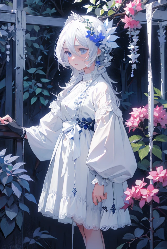 girl, azalea, night, Birches, fog, white dress embroidered with beads, white hair, blue eyes
