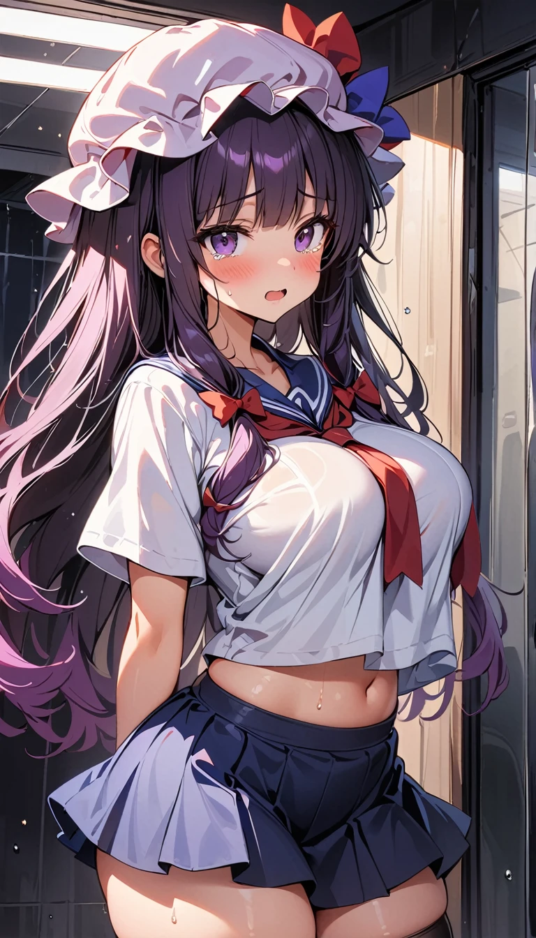 ((8K, Best Quality, masterpiece, Highly detailed)),{{{NSFW}}},Semi-realistic illustrations,Mejiro McQueen \(umamusume\),{1 girl,beautiful girl,cute,smile,kawaii, lovely,blushing,playful expression},sharp focus,oily skin,beautiful detailed hair,glossy hair,(wear school uniform:1.5),(two nipples slip from school uniform:1.2)(NSFW),erection-of-nipples,(lying on the bed:1.2),wear long school skirt,perfect two legs,(spread two legs:1.2),(show-off-white-panties:1.3),five fingers,large breaths,wear black pantyhose,beautiful detailed eyes,jewel like eyes,violet eyes, (two hands behind head:1.1),open mouth,armpits, solo,beautiful navel,  looking at viewer,collarbone,earring