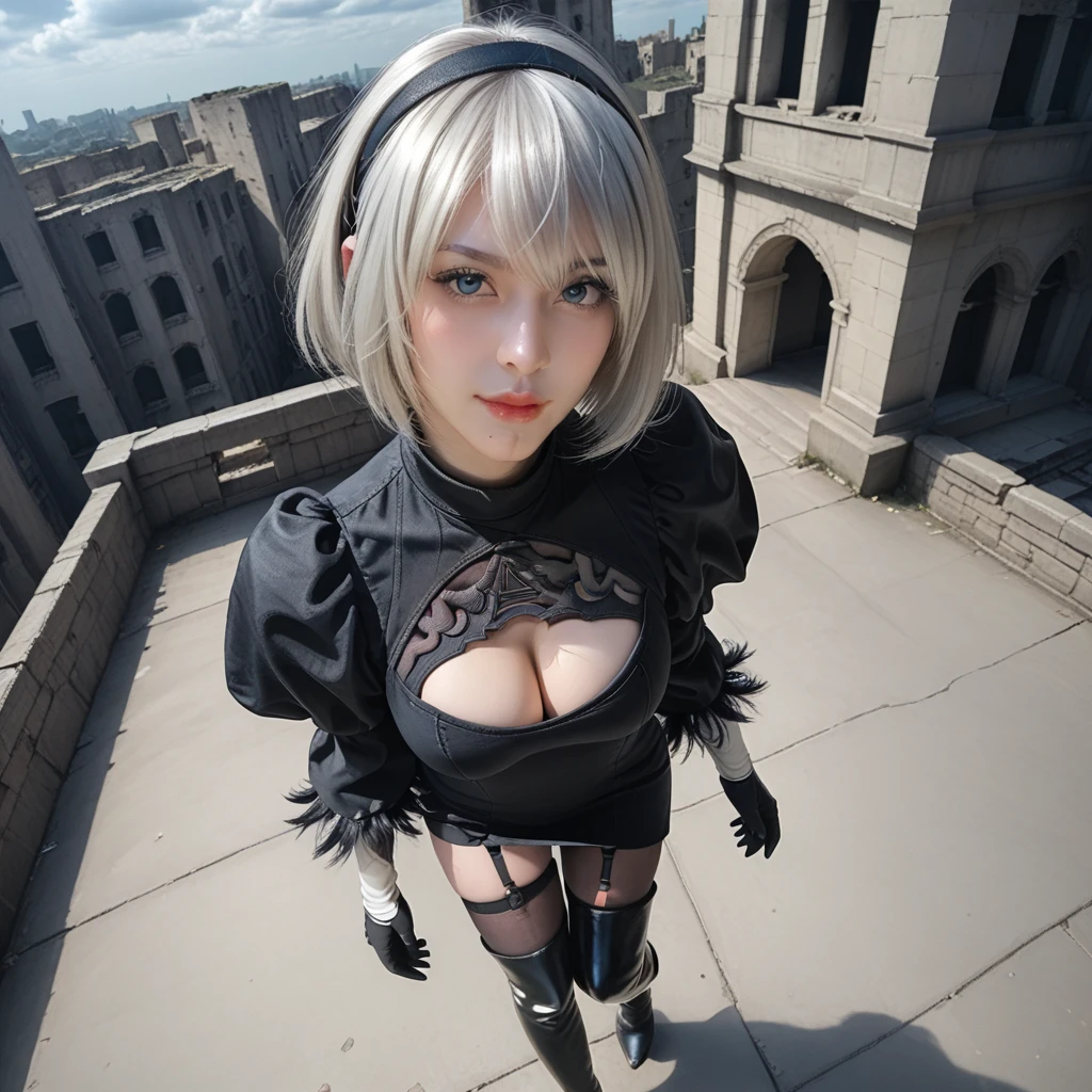 score_9, score_8_up, score_7_up, 32k,masterpiece, highest quality, 
photo realistic, super detail, vibrant colors, chiaroscuro lighting, cinematic lighting,
1 woman, inspired nier automata 2B,
bob cut, silver hair, mole under mouth, black hairband, black blindfold,
black dress, long sleeves,  Juliet sleeves, cleavage cutout, black gloves, puffy sleeves, black thigh-high under boots,
ruins, a ruined world, devastated cities, dark cloudy sky,
seductive pose, dramatic angle,