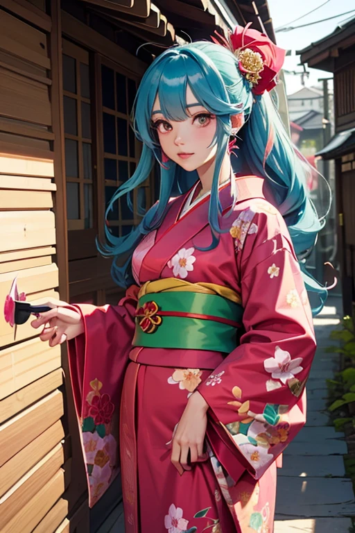 Highest quality、masterpiece、Very high resolution、Ultra HD、High Quality Pixels)、Perfect Eyes, Perfect Face, Perfect figure，alone，8k, Large Breasts，(Detailed description of hair), (Detailed description of the face),(Detailed description of the body), Fair and translucent skin, Unparalleled beauty, Long legs, Long emerald green hair，kimono，Single hair bun，Hairpin，Floral decoration，Cowboy Shot，Seated formally in the side tea room，2，model diagram，bangs，Princess Elegance、Feeling face