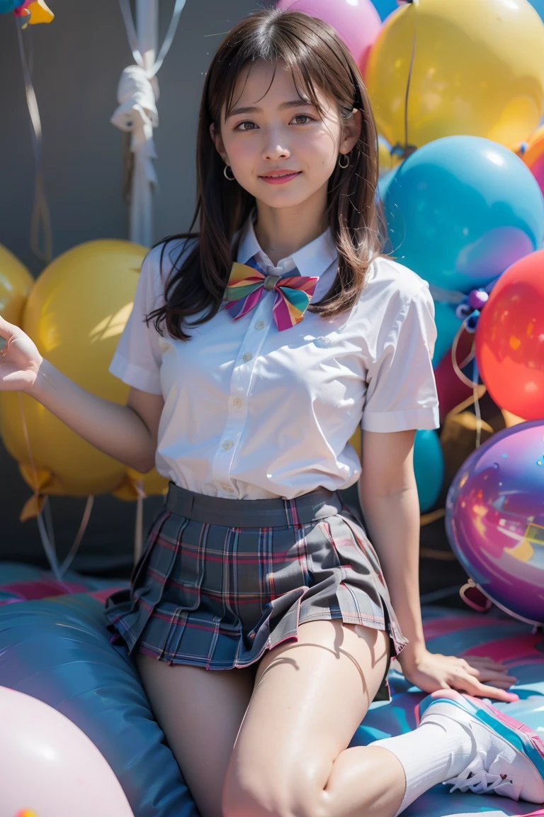 (extremely detailed face, grin), , 1girl, beautiful woman, young woman, 18yo, extremely beautiful detailed eyes, shiny lips, (white shirt, short sleeves, bowtie, plaid miniskirt, pleated skirt, bare legs, thighs, socks, loafers, school uniform:1.2), background High tone color, (background a lot colorful balloon:1.5), (best quality), 8K, (realistic), ultra high res, extreme detailed, masterpiece, cinematic lighting