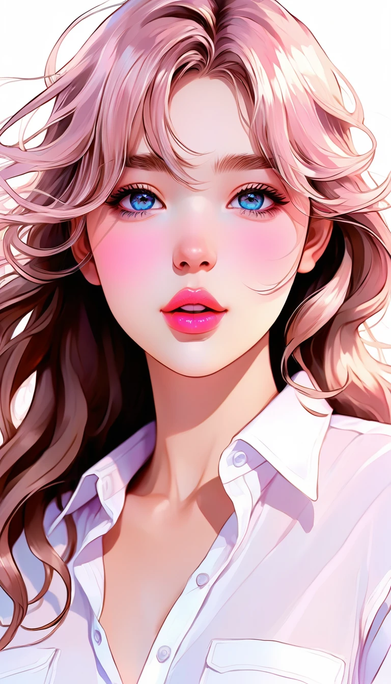 A sweet , pink lips, wears a bright white shirt, in the style of the soft Aurorapunk color palette, an anime illustration of her face, animated GIFs, Hand drawn animation, enchanting sketches, soft and bright, hazy romance, Superplane style, White - Aerial Background 1:1 – Niji 5 – expressive style 