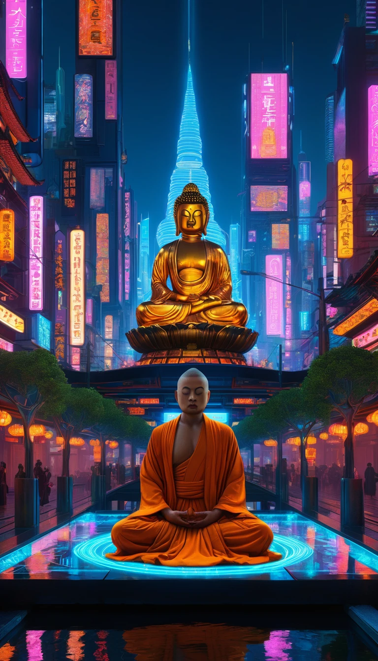 A highly detailed cyberpunk city, Buddha meditating in the middle of a modern metropolis, meditation in a futuristic cyberpunk environment, a man in traditional Buddhist robes levitating in a technologically advanced cityscape, (best quality,4k,8k,highres,masterpiece:1.2),ultra-detailed,(realistic,photorealistic,photo-realistic:1.37),intricate mechanical architecture, neon lights, cyberpunk aesthetic, glowing holographic displays, floating platforms, dramatic chiaroscuro lighting, cinematic camera angle