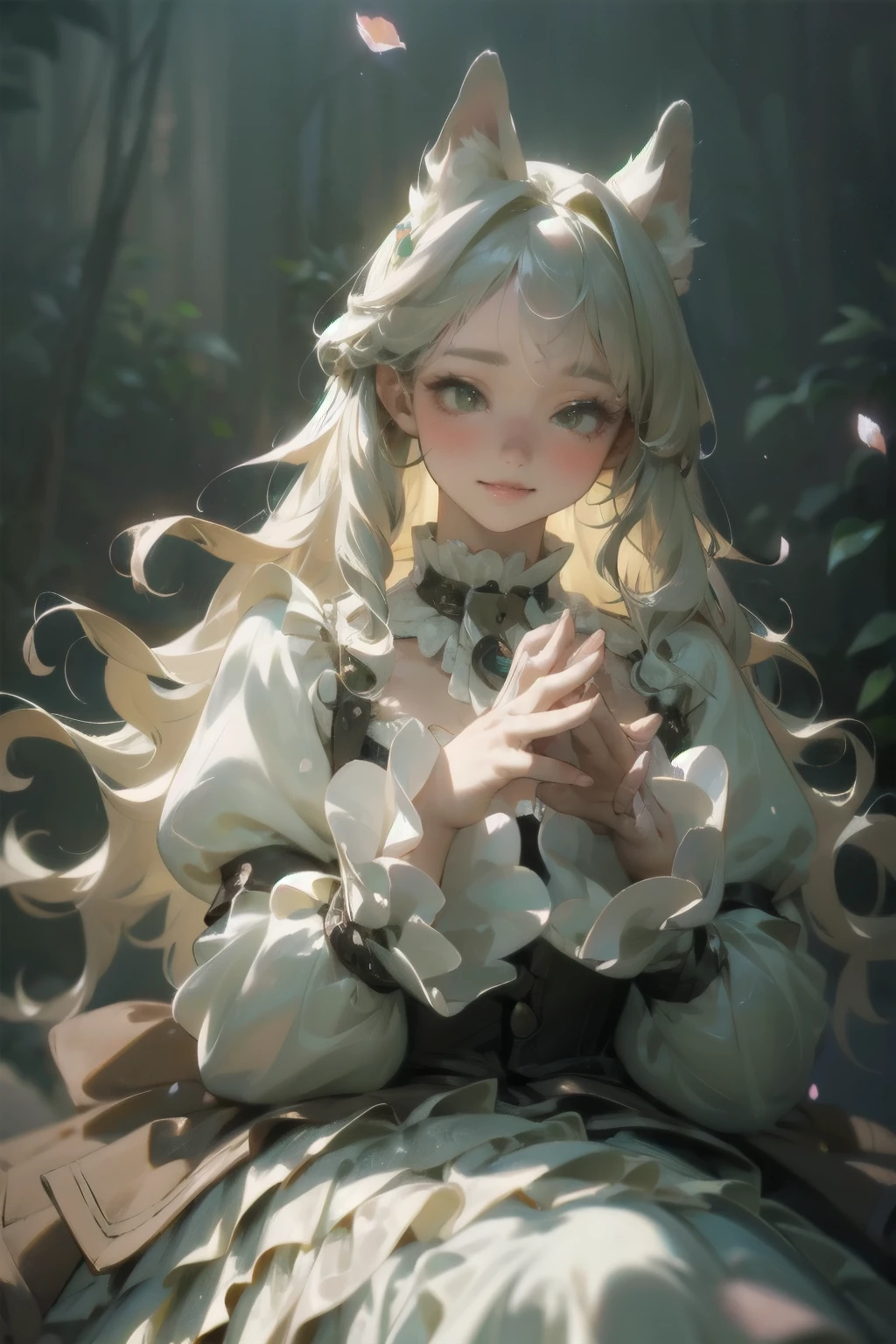A young girl in a lush, mossy garden, her delicate dress flowing around her like petals, waiting for the night. A fluffy rabbit hops onto her lap, curling up contentedly.

1girl, graceful, elegant, soft mossy bed, flowing petal-like dress, fluffy rabbit, satisfied expression, night setting, detailed face, beautiful eyes, detailed lips, detailed hands and fingers, intricate details, photorealistic, highly detailed, 8k, masterpiece, vibrant colors, dramatic lighting, ethereal, fantasy, whimsical