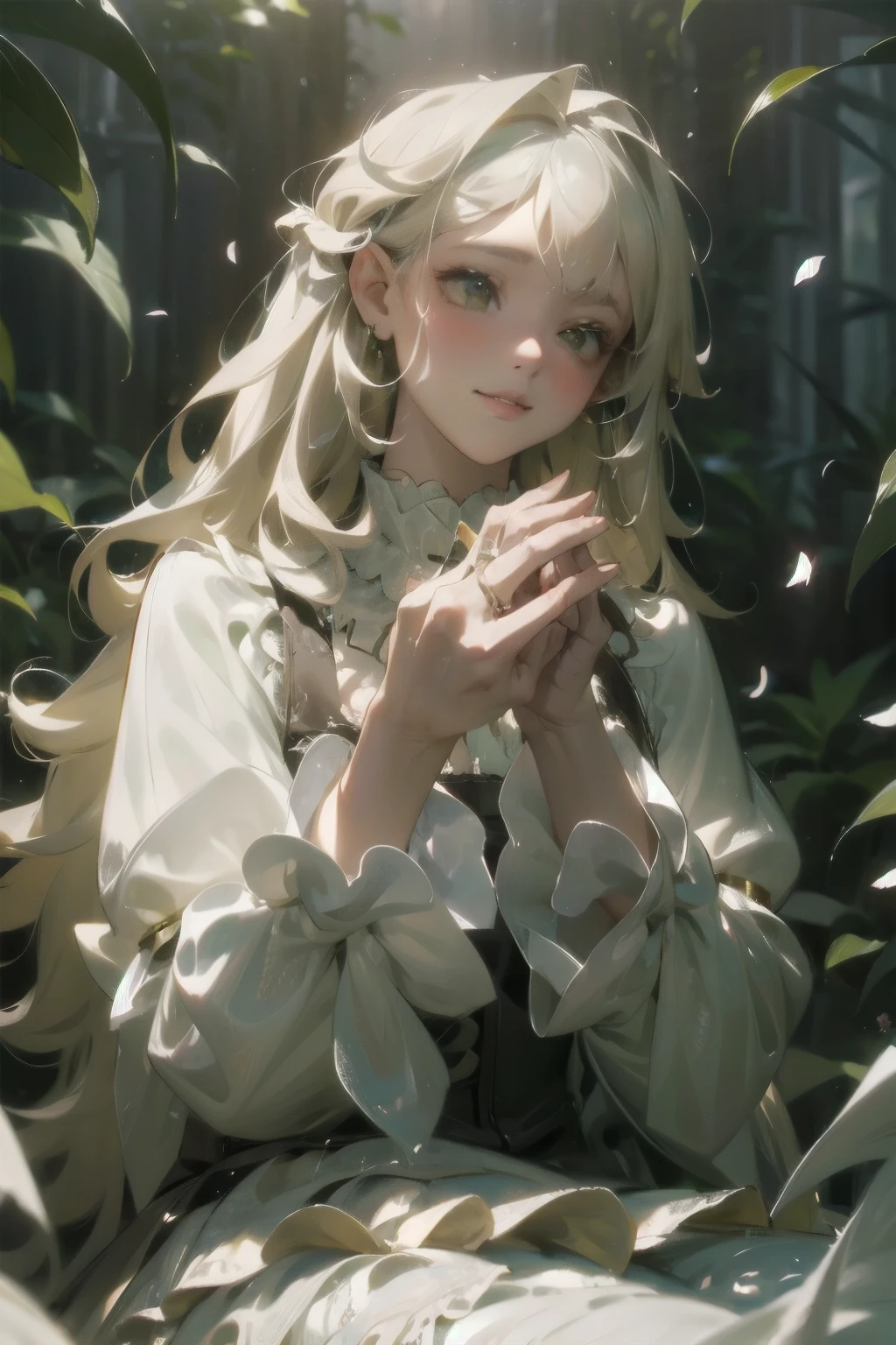A young girl in a lush, mossy garden, her delicate dress flowing around her like petals, waiting for the night. A fluffy rabbit hops onto her lap, curling up contentedly.
1girl, graceful, elegant, soft mossy bed, flowing petal-like dress, fluffy rabbit, satisfied expression, night setting, detailed face, beautiful eyes, detailed lips, detailed hands and fingers, intricate details, photorealistic, highly detailed, 8k, masterpiece, vibrant colors, dramatic lighting, ethereal, fantasy, whimsical