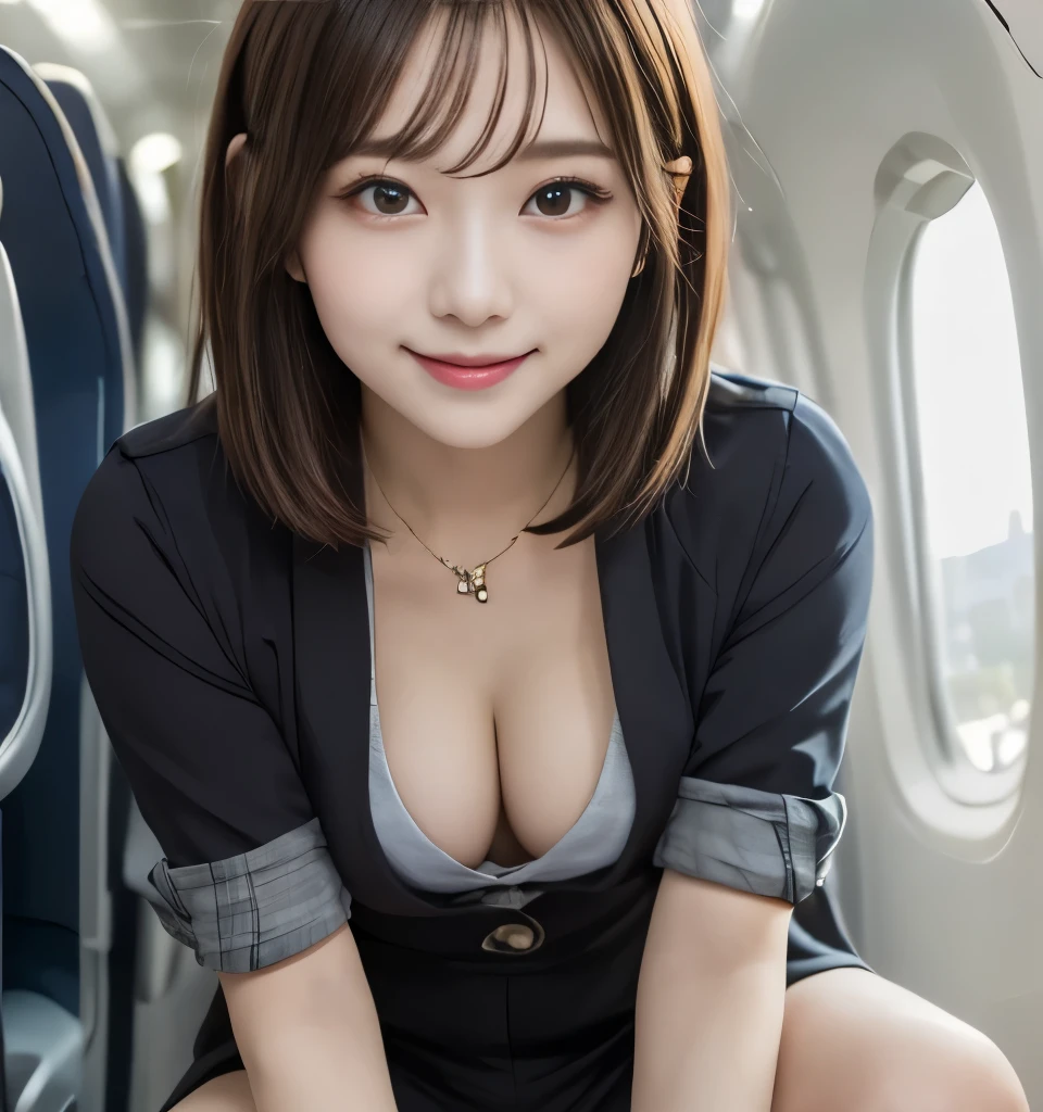 Best Quality、、Ultra-high resolution、masterpiece、Clear Photo、Professional Lighting、smile、(Very cute girl、beautiful girl、Cute Yoda Yuki)、、Small Facrect nipples、Hunchback、Her cleavage is visible)、Ultra slim、thin、thinウエスト、Beautiful legs、(stewardess、Wear a uniform)、(Squat:1.6、Spread your legs:1.2)、(Very short hair)、Brown Hair、Full body photo