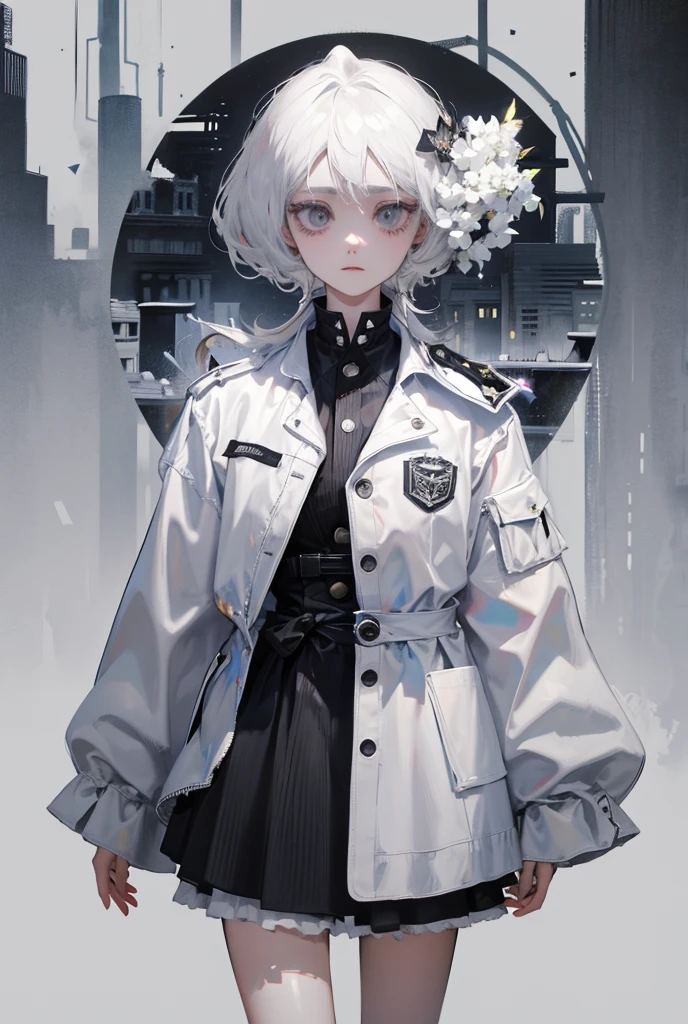 girl, black flowers, white hair, black eyes, black uniform, stars, city ruins, dark background