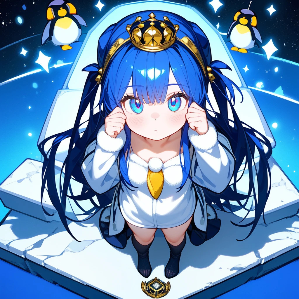 (Ultra HD, Ultra HD, 16K) 1 girl, marble bust (on a pedestal, chess piece, (wearing Kigurumi, an emperor penguin), cute mini-girl), Antarctic land, figure standing among a group of emperor penguins, illuminated by light from above, view from slightly above,