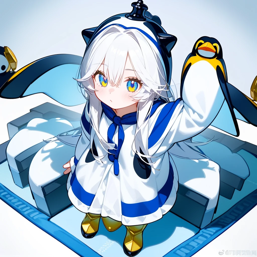 (Ultra HD, Ultra HD, 16K) 1 girl, marble bust (on a pedestal, chess piece, (wearing Kigurumi, an emperor penguin), cute mini-girl), Antarctic land, figure standing among a group of emperor penguins, illuminated by light from above, view from slightly above,