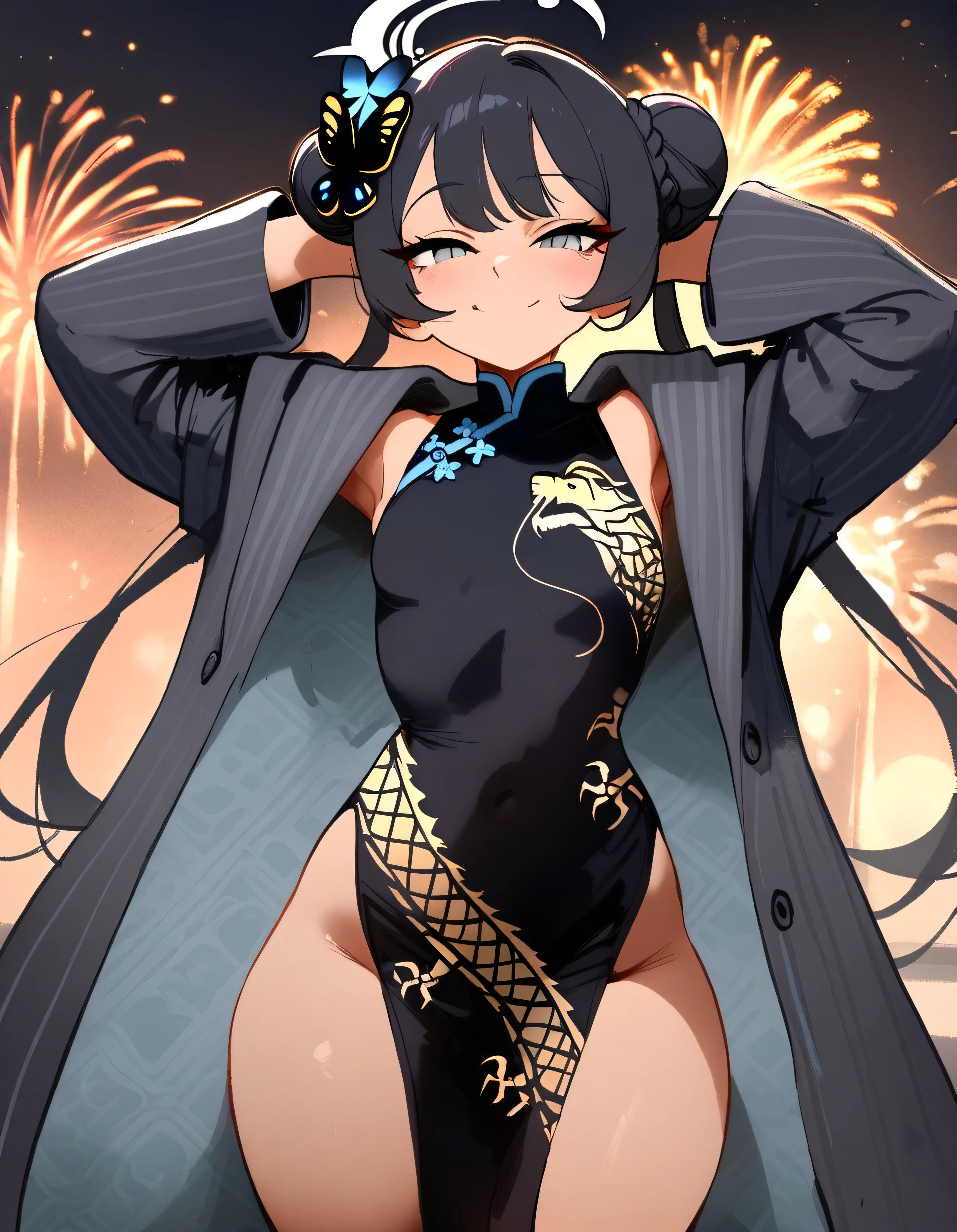 1girl, kisaki \(blue archive\), blue archive , \\\\\ masterpiece, best quality, newest, ///// nyantcha, khyle, cutesexyrobutts \\\\\ highres, absurdes. , solo, naughty smile, straight-on, black hair tied in a bun, with two longer strands framing her face and side-swept bangs. She has two butterfly decorations that hold her bun firmly and grey eyes. girl, china dress, fireworks, night, coat, arms behind head, braided double buns