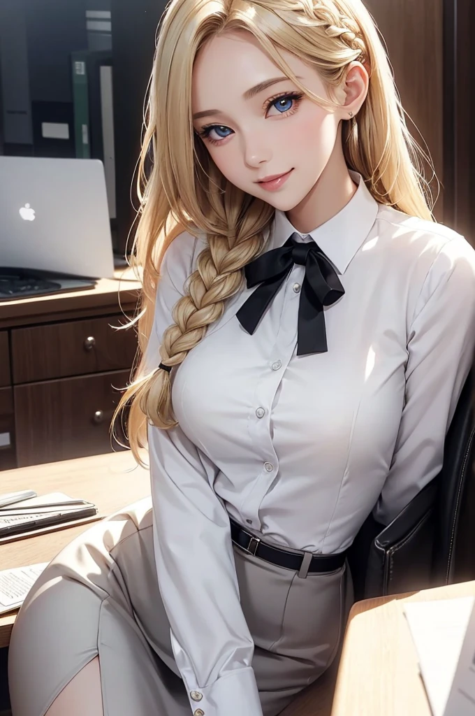 (best quality), (masterpiece), (solo), 1girl, power_csm, blonde hair, yellow eyes, cross-shaped pupils, symbol-shaped pupils, red horns, white buttoned shirt, blue jacket, black necktie, (best quality), (masterpiece), (solo), 1girl, power_csm, blonde hair, yellow eyes, cross-shaped pupils, symbol-shaped pupils, red horns, white buttoned shirt, black necktie, Power from chainsaw man, there is a desk in a room with a window and a lamp, Power is sitting at the chair next to the desk, glistening yellow eyes, detailed face, soft lips, soft skin, extremely detailed face, perfect quality, wet skin and hair, medium soft breasts, red hair, fashion realistic, high-definition sysie details, photography , sharpness, unique 850 4, f1.6 lens, rich colors, super realistic texture, spectacular texture, surreal art, Cinestil 800 fashion mechanism, moody, straight hair, Power from chainsaw man hair style, white shirt, blue cardigan, black pants, moody colors, mature girl, sexy girl