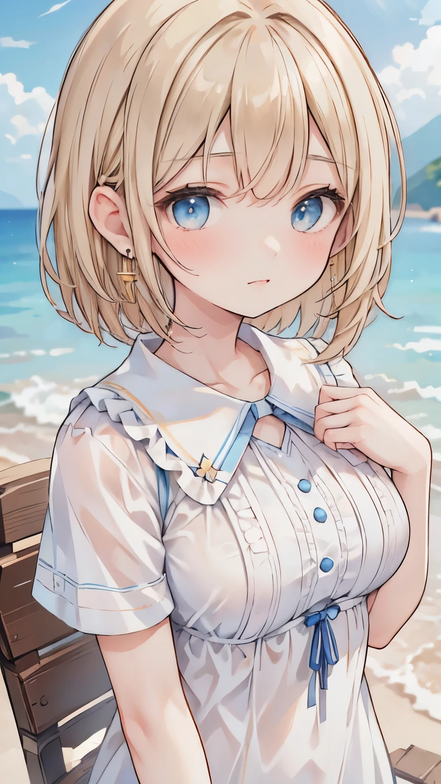 ((sfw: 1.4)), ((detailed face,  professional photography)), ((sfw, extra short hair, sidelocks-hair,  blond hair, Large, clear sky-blue eyes, earrings, 1 Girl)), Ultra High Resolution, (Realistic: 1.4), RAW Photo, Best Quality, (Photorealistic Stick), Focus, Soft Light, (()), (( (young face))), (surface), (depth of field), masterpiece, (realistic), woman, bangs, ((1 girl))