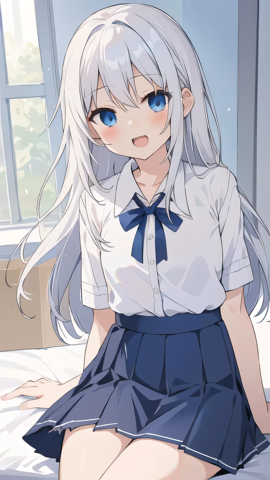 cute girl, アニメ, silver hair, straight hair, Blue eyes, (young:0.9), (small bust:0.5), (cute:1.3), (middle bust:0.8), (cute girl:1.2), cowboy shot, cute, side shot, (Smail:1.3), open mouth, backwards, (white school uniform:1.0), (dark blue skirt:1.4), (ローアングル:1.5), close eyes, (cross legs:1.2), (seduce:1.4) 