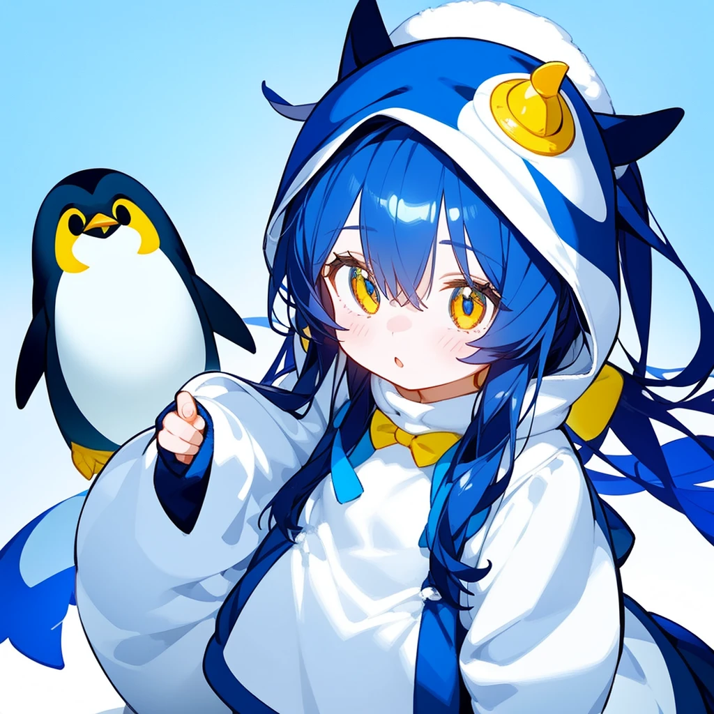 A cute girl wearing an Emperor Penguin costume、look up、