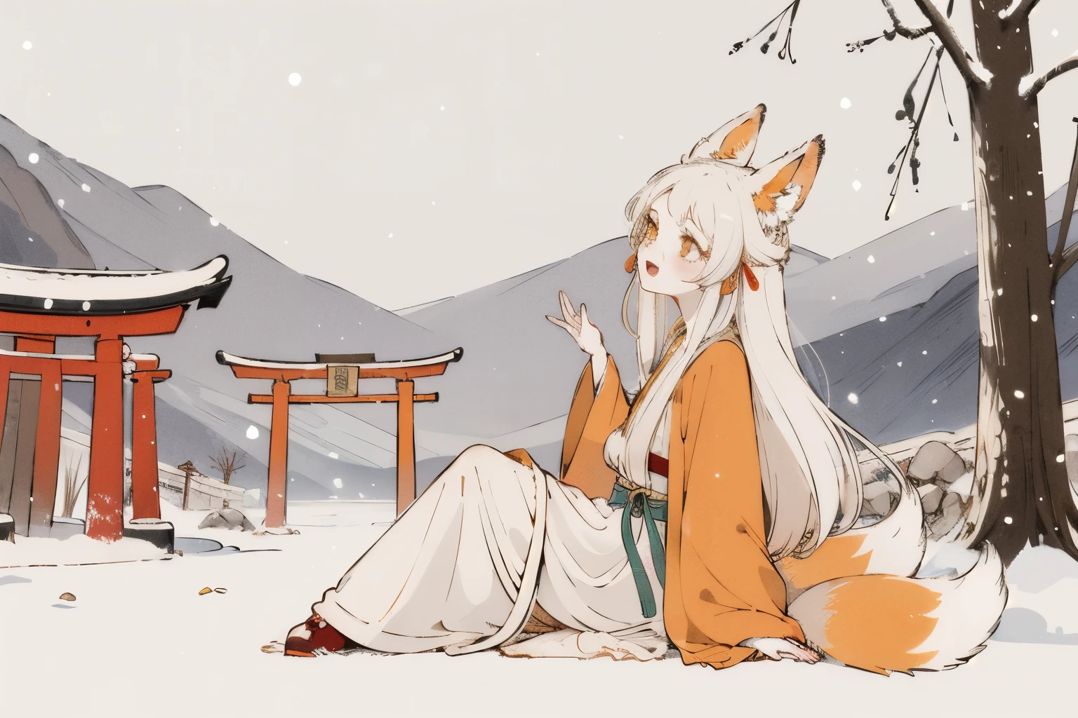 1girl, (high quality:1.2), (ultra detailed:1.2), ((absurdres)), (masterpiece), from side, CG, kaia, cute face, perfect body, white hair, very long hair, orange eyes, two-tone hair, hair ornament, fox ears, fox tail, multiple tails, hanfu, winter hanfu, Cloak, open mouth, smile, sitting, Reach out to catch the snowflakes, looking up, night, snowing, snowflake, snow, Torii gate, stone steps, shrine architecture, Comfortable tones,