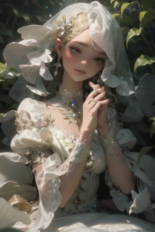 Uma garotinha fofa estava especialmente feliz, com belo vestido transparente branco, its head has a crown of white roses and butterflies fly around it, Estilo Art Noveau
