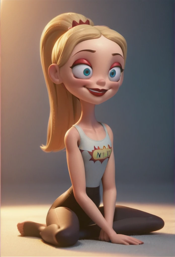 3D, Tall surly woman, ponytail blonde hair, Long Hair, red lips,  lustful smile, Slim face, Pale skin, Face_focus, wearing a leggings and tank top, wide round eyes, Tall feminine Body, Feminine face, , narrow shoulders, prominent neck, thin body, red lips, show full body complete, striking eyes, surly, sit on the bed, Naughty, vixen, Surly slim face, long face, dilated pupils, round eyes, striking face, winced