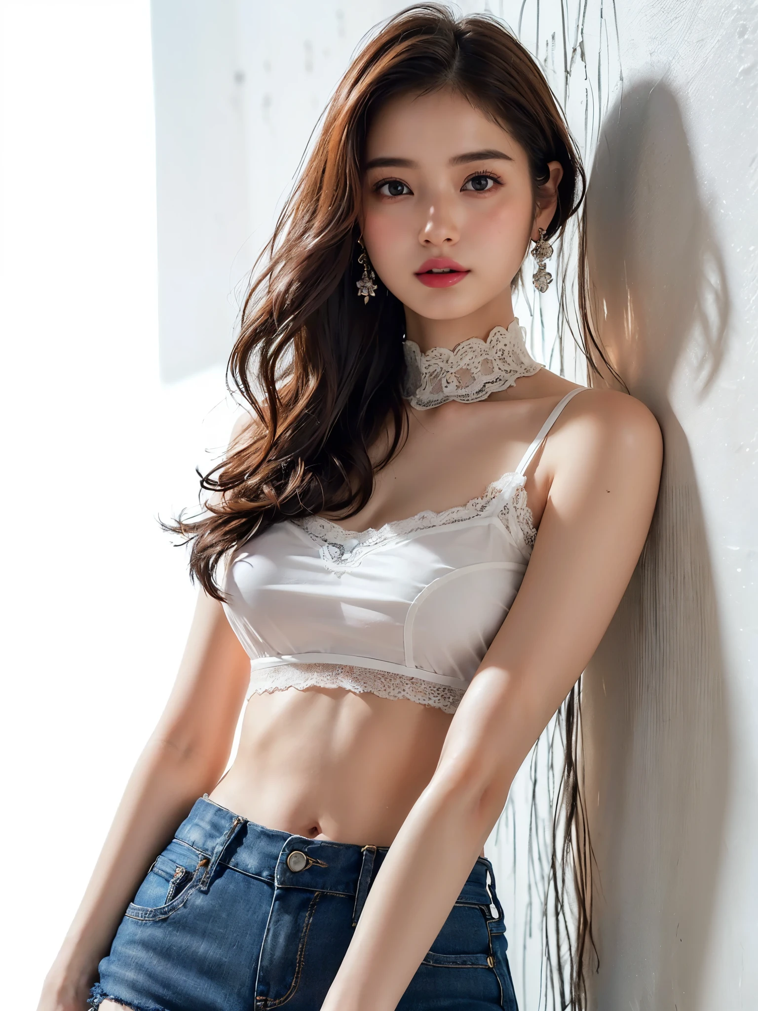 Girl posing for photo in white bra and tight denim skirt，full bodyesbian，legs are open，With a cropped T-shirt、brassier，Slim body，Smaller bust，Slim girl model，24 years old female model，Lying on the construction site，A group of black men watched，Underarms