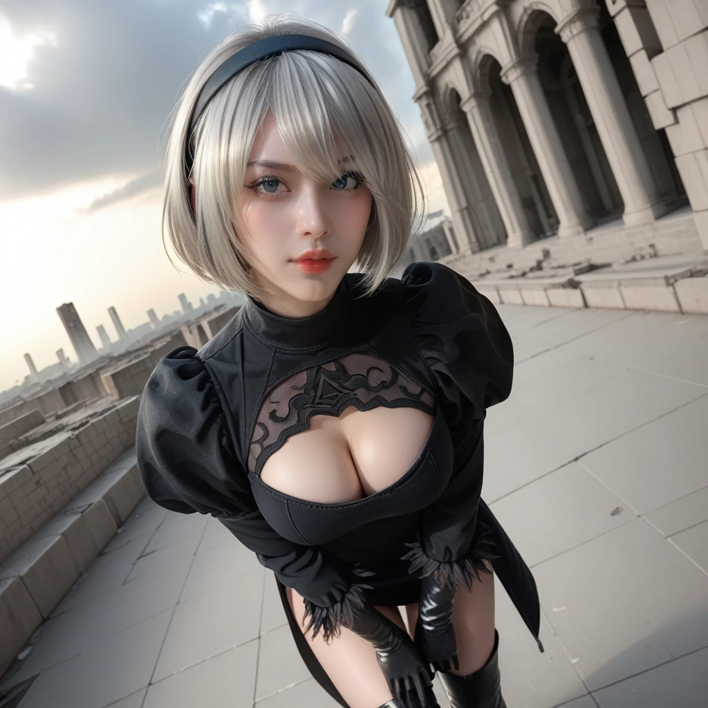 score_9, score_8_up, score_7_up, 32k,masterpiece, highest quality, 
photo realistic, super detail, vibrant colors, chiaroscuro lighting, cinematic lighting,
1 woman, inspired nier automata 2B,
bob cut, silver hair, mole under mouth, black hairband, black blindfold, covered eyes,
black dress, long sleeves,  Juliet sleeves, cleavage cutout, black gloves, puffy sleeves, black thigh-high under boots,
ruins, a ruined world, devastated cities, dark cloudy sky,
seductive pose, dramatic angle,