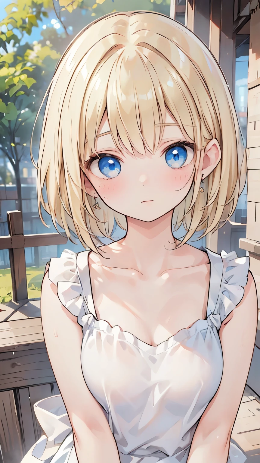 ((sfw: 1.4)), ((detailed face, professional photography)), ((sfw, extra short hair, sidelocks-hair, blond hair, Large, clear sky-blue eyes, earrings, 1 Girl)), Ultra High Resolution, (Realistic: 1.4), RAW Photo, Best Quality, (Photorealistic Stick), Focus, Soft Light, (()), (( (young face))), (surface), (depth of field), masterpiece, (realistic), woman, bangs, ((1 girl))