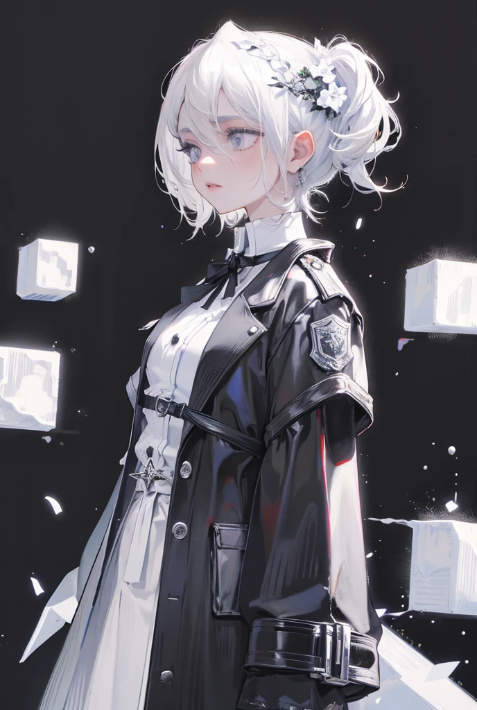 girl, black flowers, white hair, black eyes, black uniform, stars, city ruins, dark background