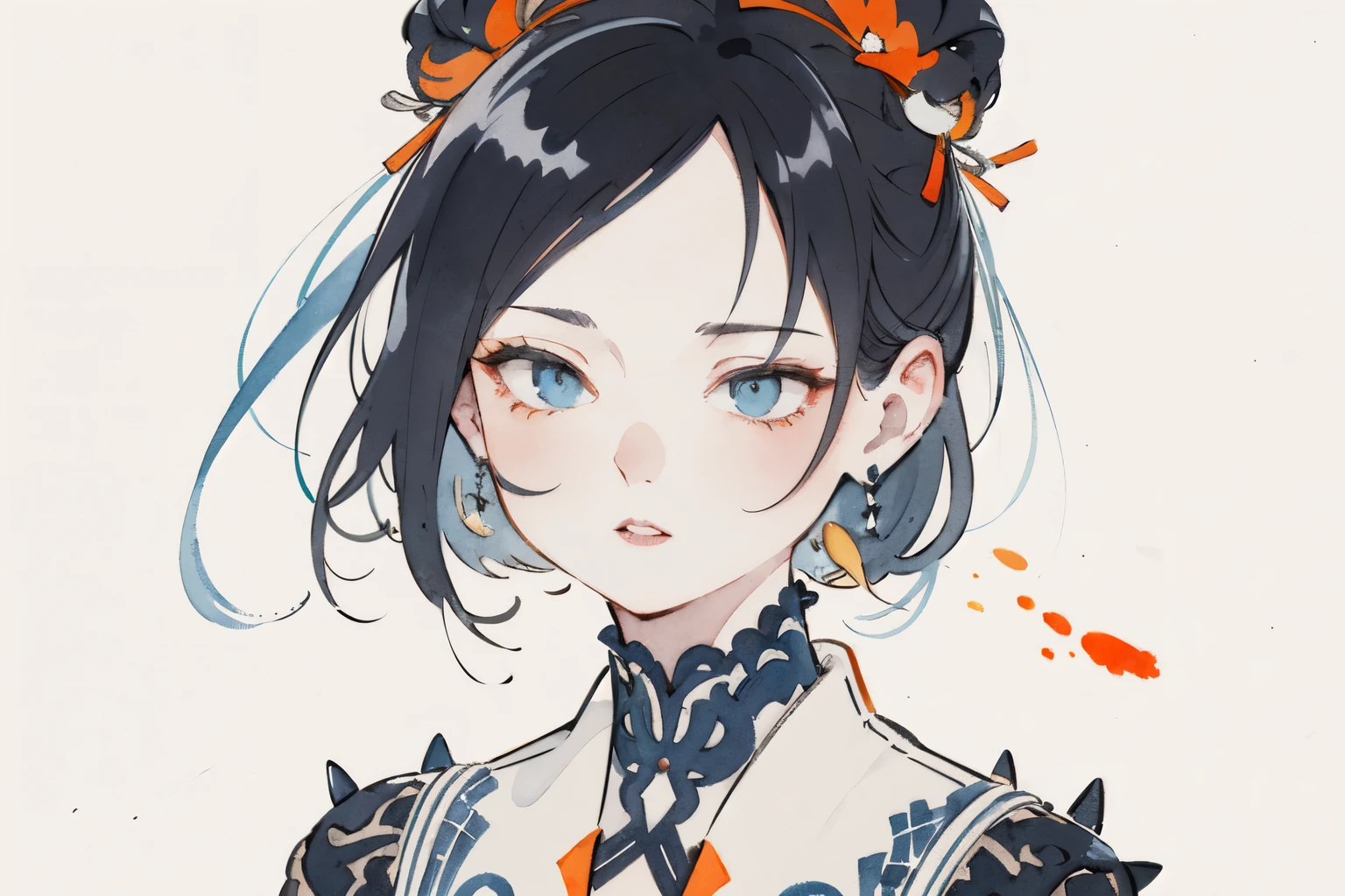 face portrait of MeiyuCipher 1girl orange spike aura in motion, damaged chinese clothes, floating pieces, trending on artstation, sharp focus, intricate details, highly detailed, detailed face (ink and watercolor painting, brushstrokes, by Russ Mills and Yoji Shinkawa) best quality, absurdres, (negative space) ,