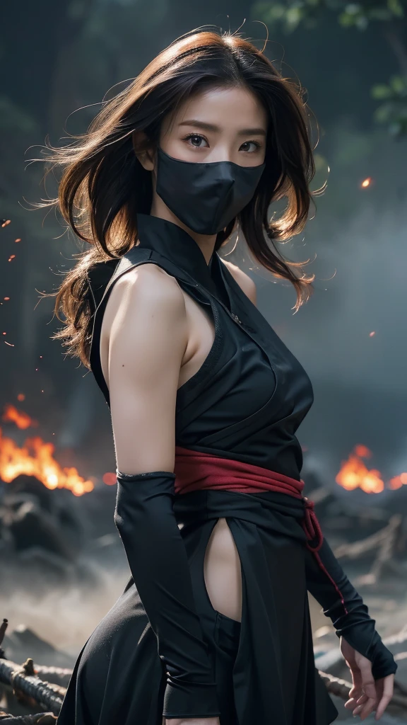 High resolution, 超High resolution, high quality, masterpiece, woman、30th generation、(((Ninja)))、Center Parting、Large Breasts, Black clothes、Dynamic pose、His face is covered in mud and blood.、Battlefields of Japan、cloudy、The whole area is a sea of fire、クールなwoman、